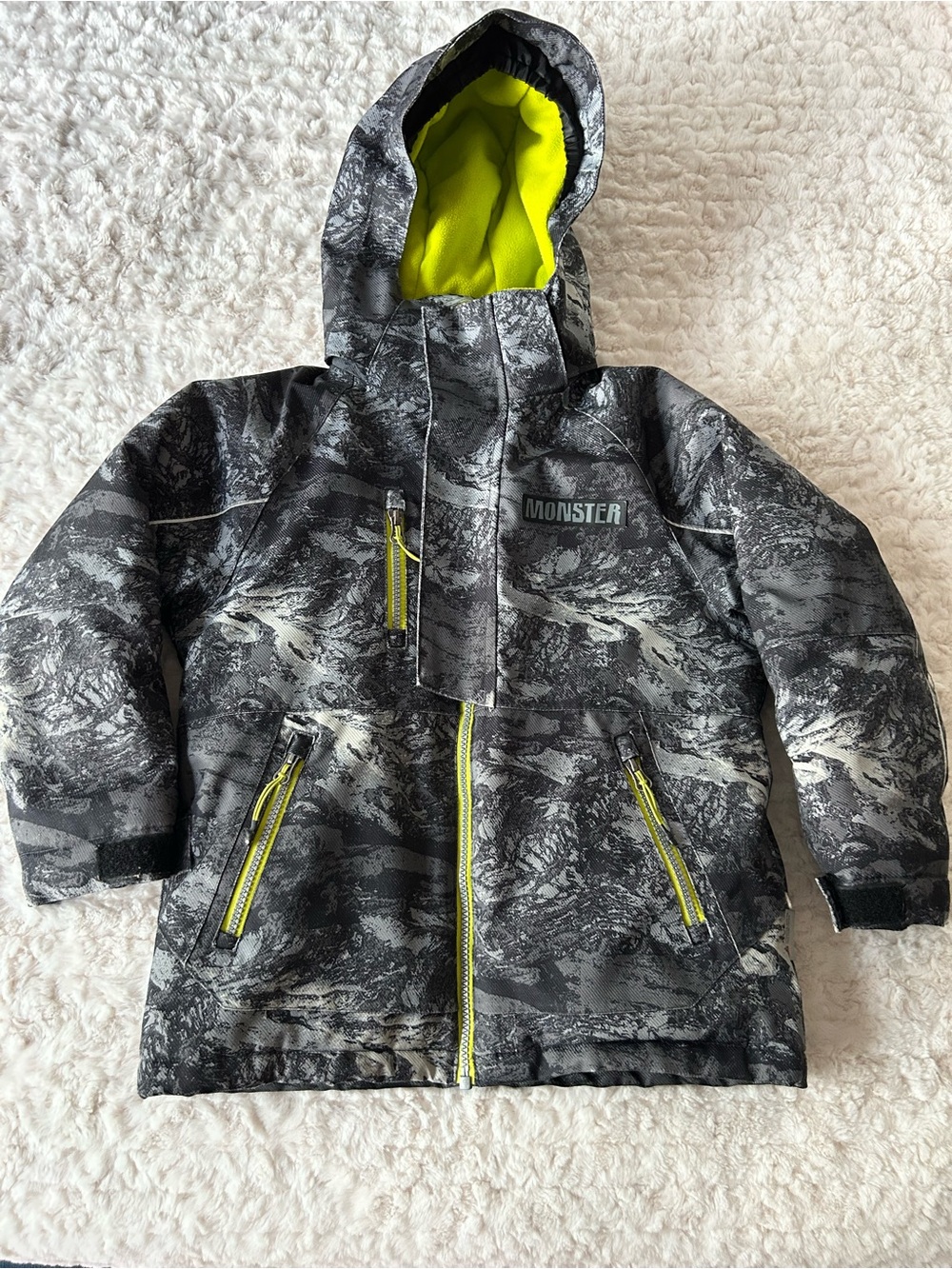 Kids' Gray Camo Winter Jacket with Neon Yellow Trim
